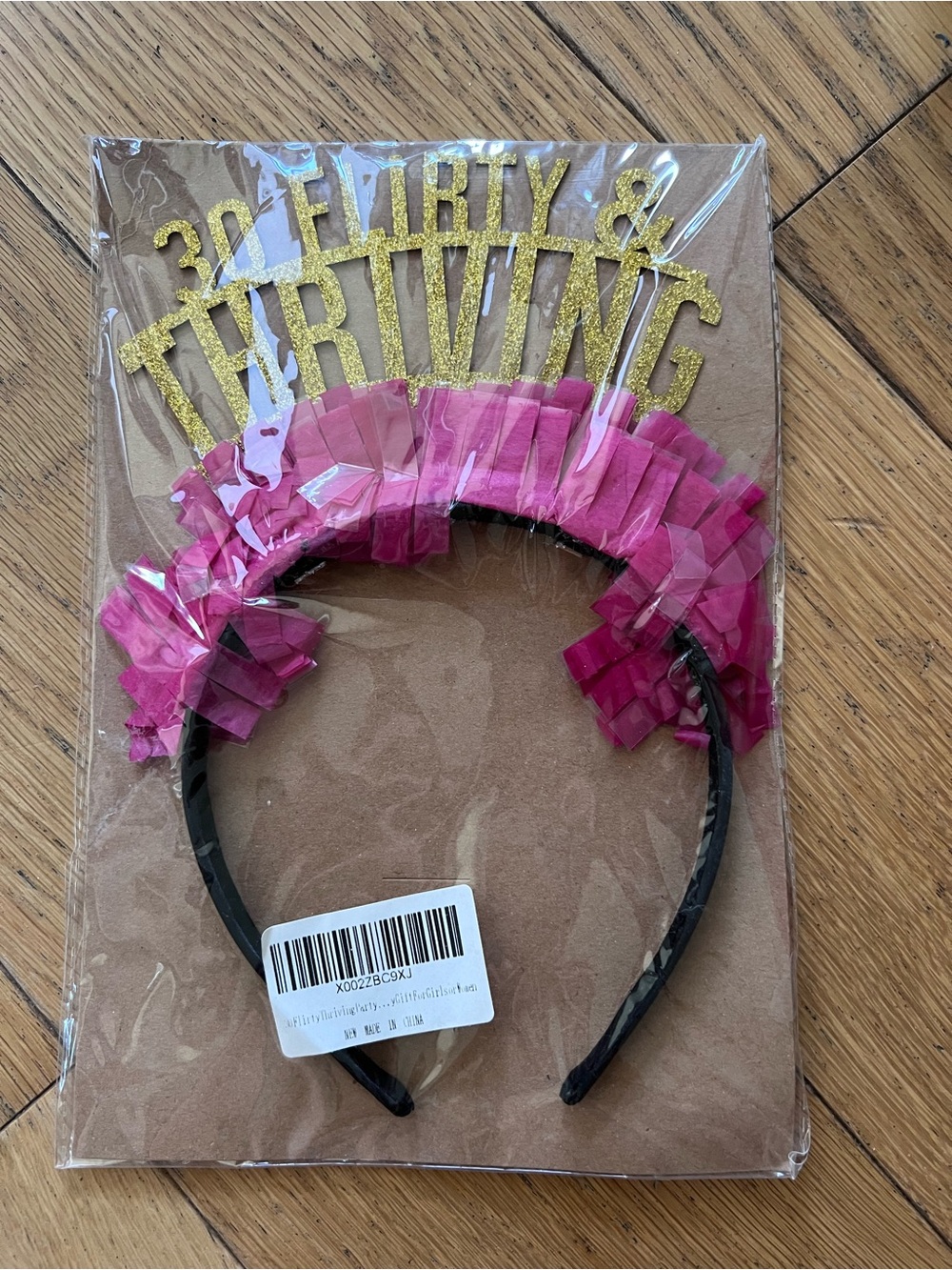 Pink Tinsel Headband with Gold "30 Flirty & Thriving" Topper